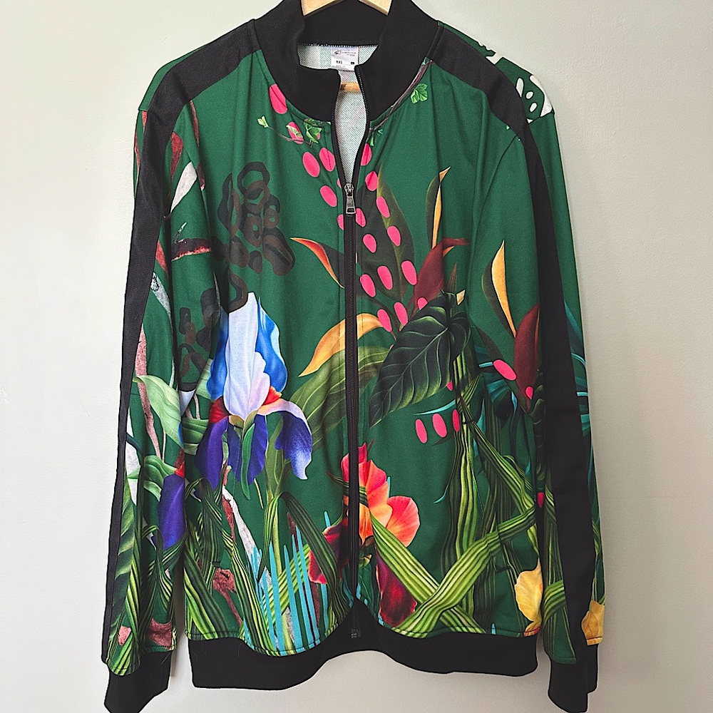 Dressed In Joy Green Floral Tropical Bomber Jacket Unisex Size XL